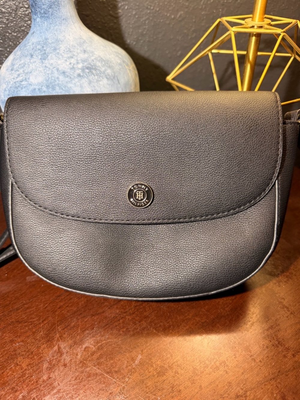 Tommy Hilfiger Black Pebbled Flap Crossbody Bag